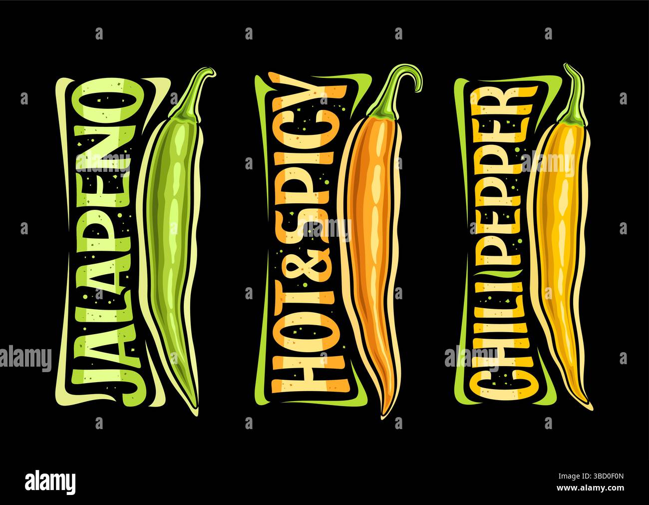 Vector Chili Pepper Set, horizontales Poster mit Umrissdarstellungen von mehrfarbigen scharfen Paprika, dekoratives Plakat mit einzigartigem Pinselschriftzug für Stock Vektor