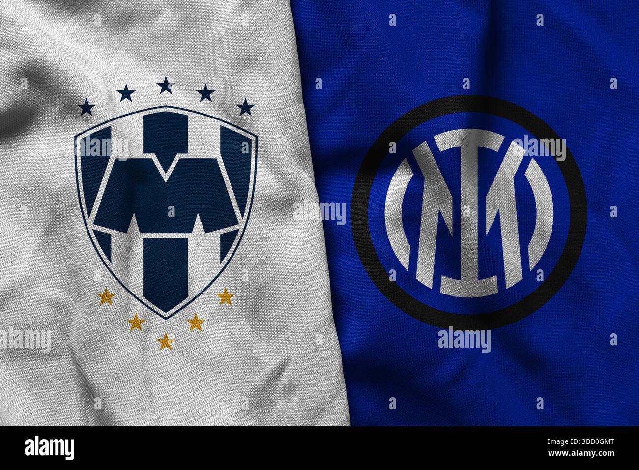 Pringsewu, Lampung; 22. Mai 2025; Textur aus dem Logo des Fußballvereins Monterrey mit Kombination aus dem Logo des Fußballvereins Inter Mailand Stockfoto