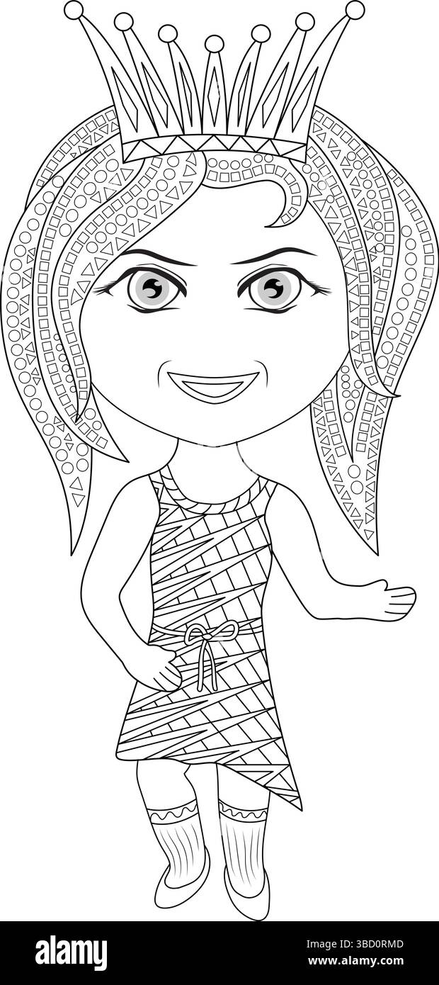 Schwarz-weiße Strichgrafik-Illustration eines bezaubernden Mädchens im Chibi-Stil, das eine Prinzessinnenkrone und ein dekoratives, gemustertes Kleid trägt, passend zum Farbton Stock Vektor Schwarz-weiße Strichgrafik-Illustration eines bezaubernden Mädchens im Chibi-Stil, das eine Prinzessinnenkrone und ein dekoratives, gemustertes Kleid trägt, passend zum Farbton Stock Vektor