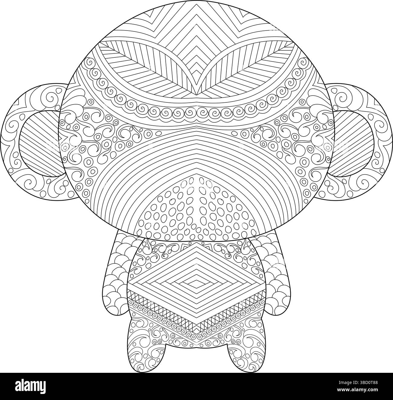 Detaillierte Strichgrafik-Illustration eines niedlichen Chibi-Affen mit komplizierten zentangle-Mustern. Schwarz-weiße Umrisse, geeignet zum Ausmalen von Büchern, re Stock Vektor