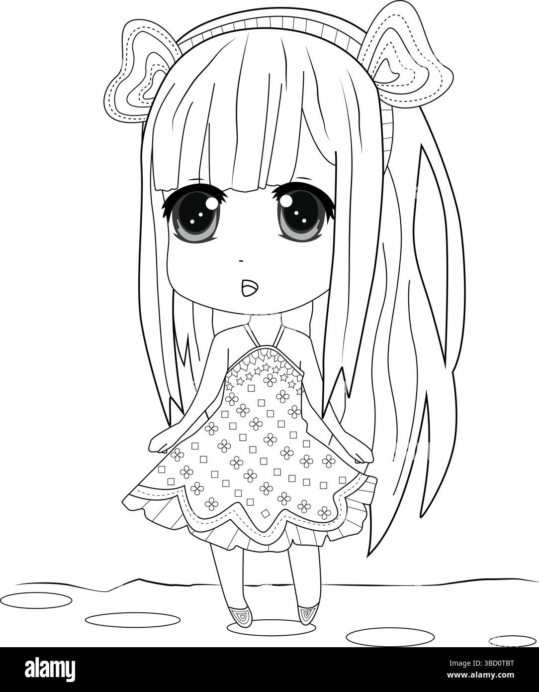 Schwarz-weiße Umrissdarstellung einer niedlichen Chibi-Mädchen-Figur, die ein Kleid trägt, perfekt für Malbücher für Kinder, Grafikdesign oder ve Stock Vektor