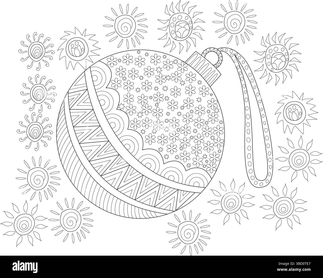Detaillierte schwarz-weiße Strichgrafik-Illustration eines festlichen Weihnachtsschmucks oder einer Weihnachtskugel, verziert mit komplizierten Mustern und umgeben von sonnenähnlichen Elementen Stock Vektor