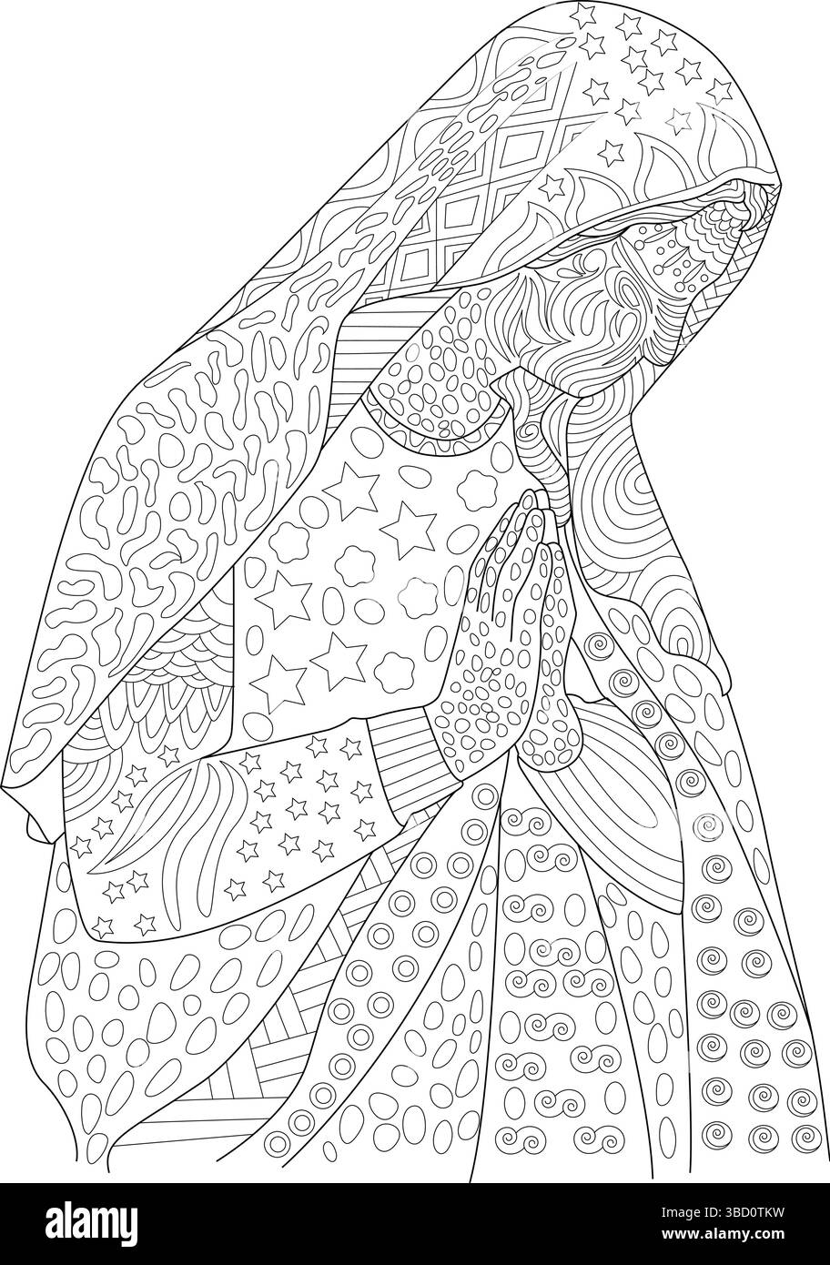 Linienzeichnung einer religiösen Gestalt im Gebet, stilisiert mit komplizierten zentangle- und Mandala-Mustern. Ideal für Weihnachtsgemälde oder spirituelle Kunst Stock Vektor Linienzeichnung einer religiösen Gestalt im Gebet, stilisiert mit komplizierten zentangle- und Mandala-Mustern. Ideal für Weihnachtsgemälde oder spirituelle Kunst Stock Vektor