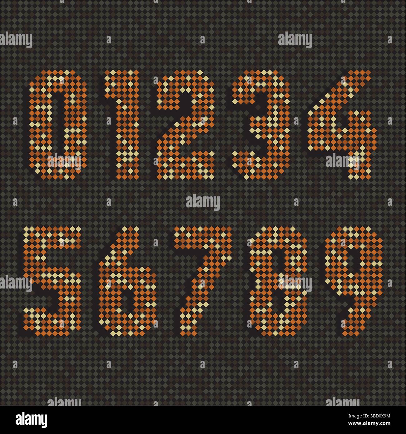 Ein lebendiger Satz von Mosaikpixelzahlen von 0 bis 9 in Orange, die auf einem dunklen Rasterhintergrund angezeigt werden. Ideal für digitales Design und Gaming Stock Vektor
