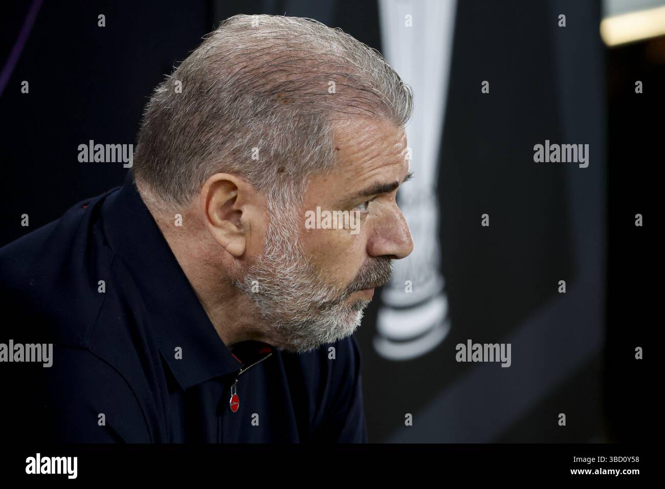 Trainer von Tottenham Hotspur Ange Postecoglou beim UEFA Europa League-Finale zwischen Tottenham Hotspur und Manchester United am 21. Mai 2025 im San Mames Stadium in Bilbao, Spanien Stockfoto
