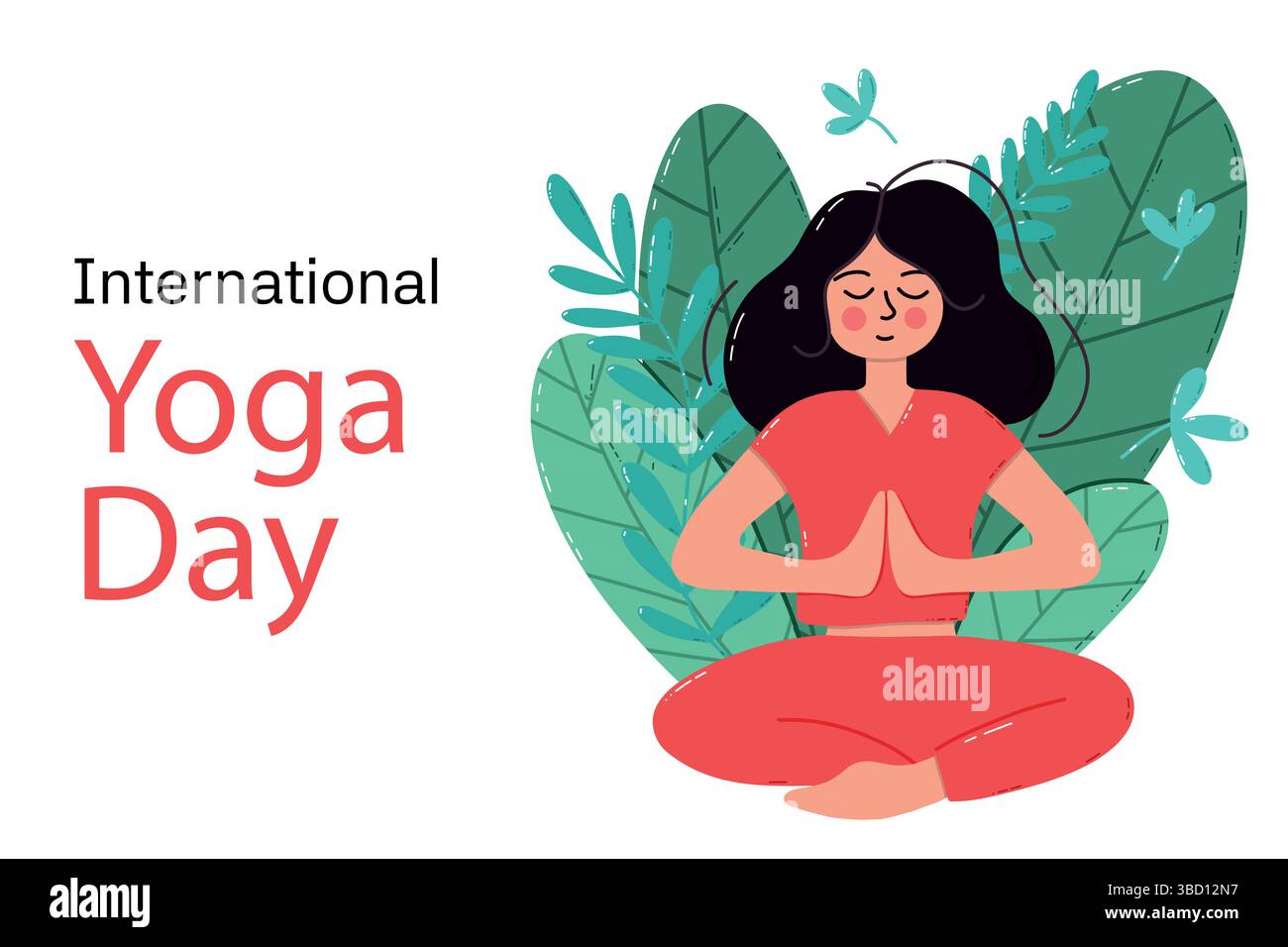 Illustration zum Internationalen Yoga-Tag mit einer meditierenden Frau in der Natur Stock Vektor