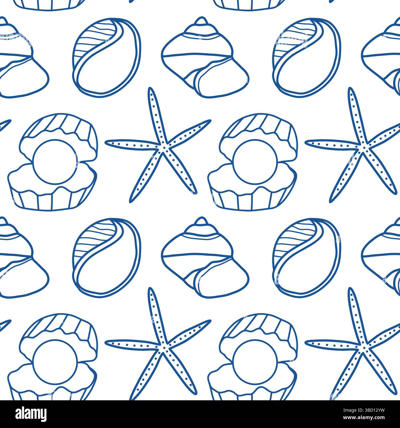 Nahtloses nautisches Muster mit Seestern und Muscheln im Blue Doodle Style Stock Vektor