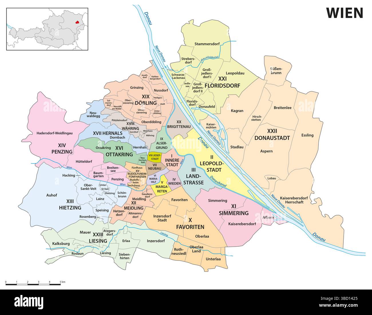 Administrative Vektorkarte der österreichischen Hauptstadt Wien Stockfoto