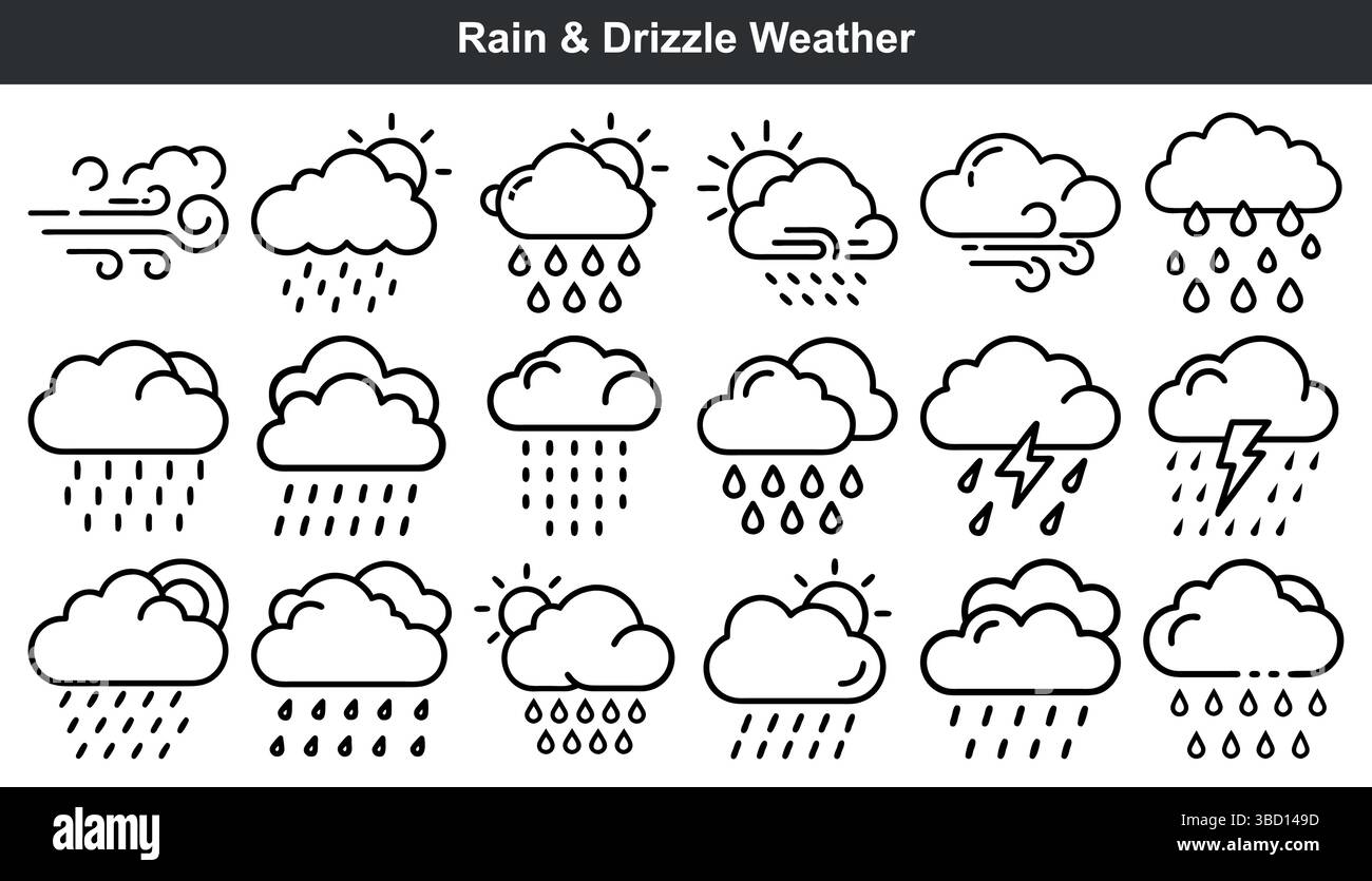 Regen- und Nieselwetter-Symbole – Liniengrafik Stock Vektor