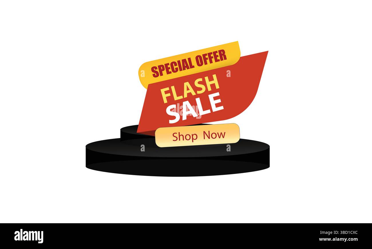 Flash-Werbebanner mit Sonderangebot und „Shop Now“-Etikett auf dem Display-Sockel Stock Vektor