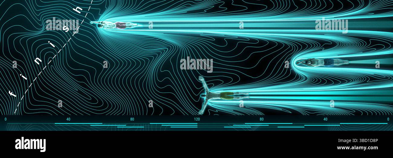 Banner. Konzeptuelle Kunstcollage. Drei Schwimmer stürzen durch leuchtend blaue Wasserkanäle, umgeben von Bewegungskonturen, während sie in Richtung Ziellinie rasen. Stockfoto