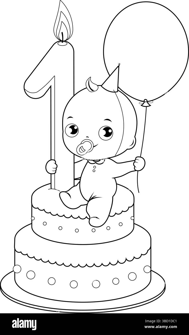 Junge auf einer Geburtstagskuche, die seinen ersten Geburtstag feiert und einen Ballon hält. Geburtstagsfeier Kind mit Kuchen und Ballon. Ausmalseite. Stock Vektor