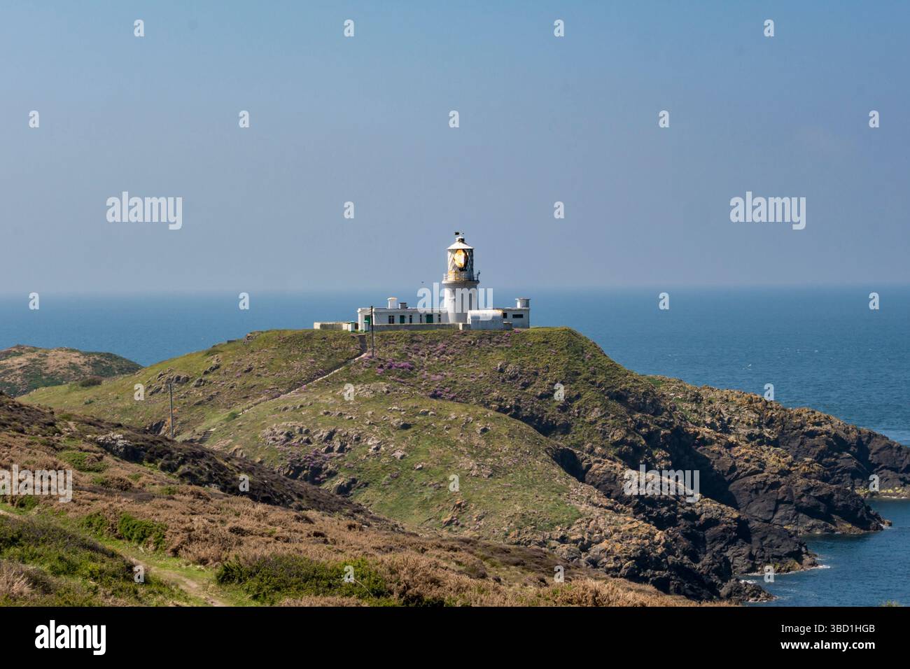 Strumble Head Lighthouse steht auf der Insel Ynys Meicel, direkt vor der Küste im Pembrokeshire Natiional Park (Wales, UK) Stockfoto