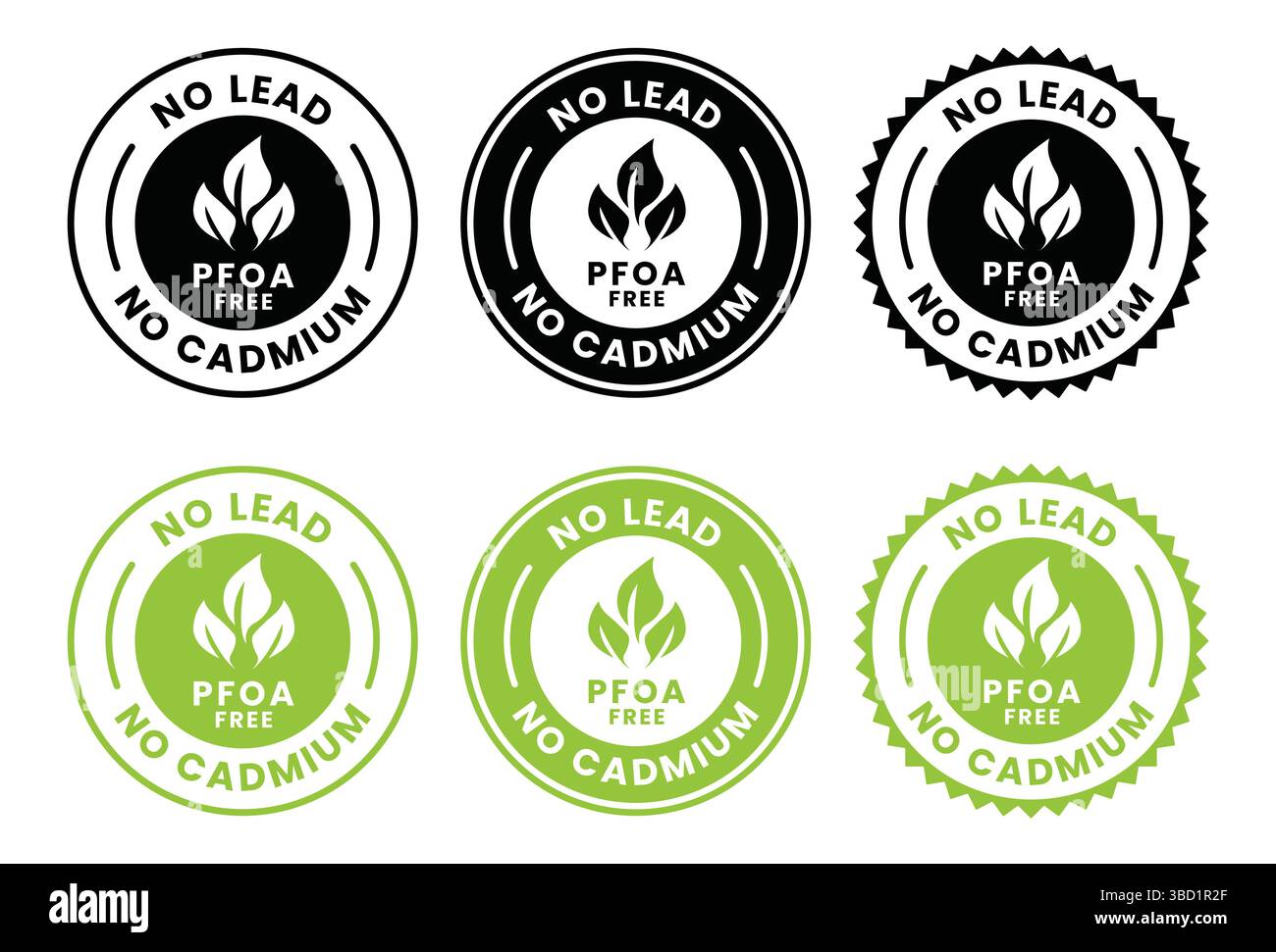 PFOA-FREI, ohne Blei, ohne Cadmium-Logo. PFOA-FREI, keine Elektrode, kein Symbolsatz, PFOA-FREI, keine Elektrode, kein Emblem. Geeignet für Geschäftsleute. Stock Vektor