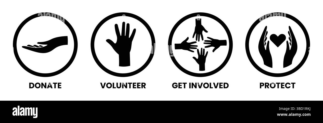 Paket Mit Symbolen Für Wohltätigkeitsorganisationen. Satz einfacher Linien in schwarzen Kreisen, die wichtige gemeinnützige Aktionen darstellen: Spenden von Geld oder Gegenständen, ehrenamtliche Arbeit. Stock Vektor