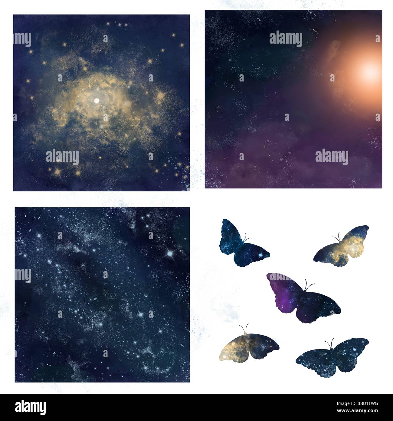 Sternenhimmel, Silhouetten von Schmetterlingen, verziert mit Sternen und glühender Galaxie. Aquarellabbildung. Kartenset mit Sternstreuung Stockfoto