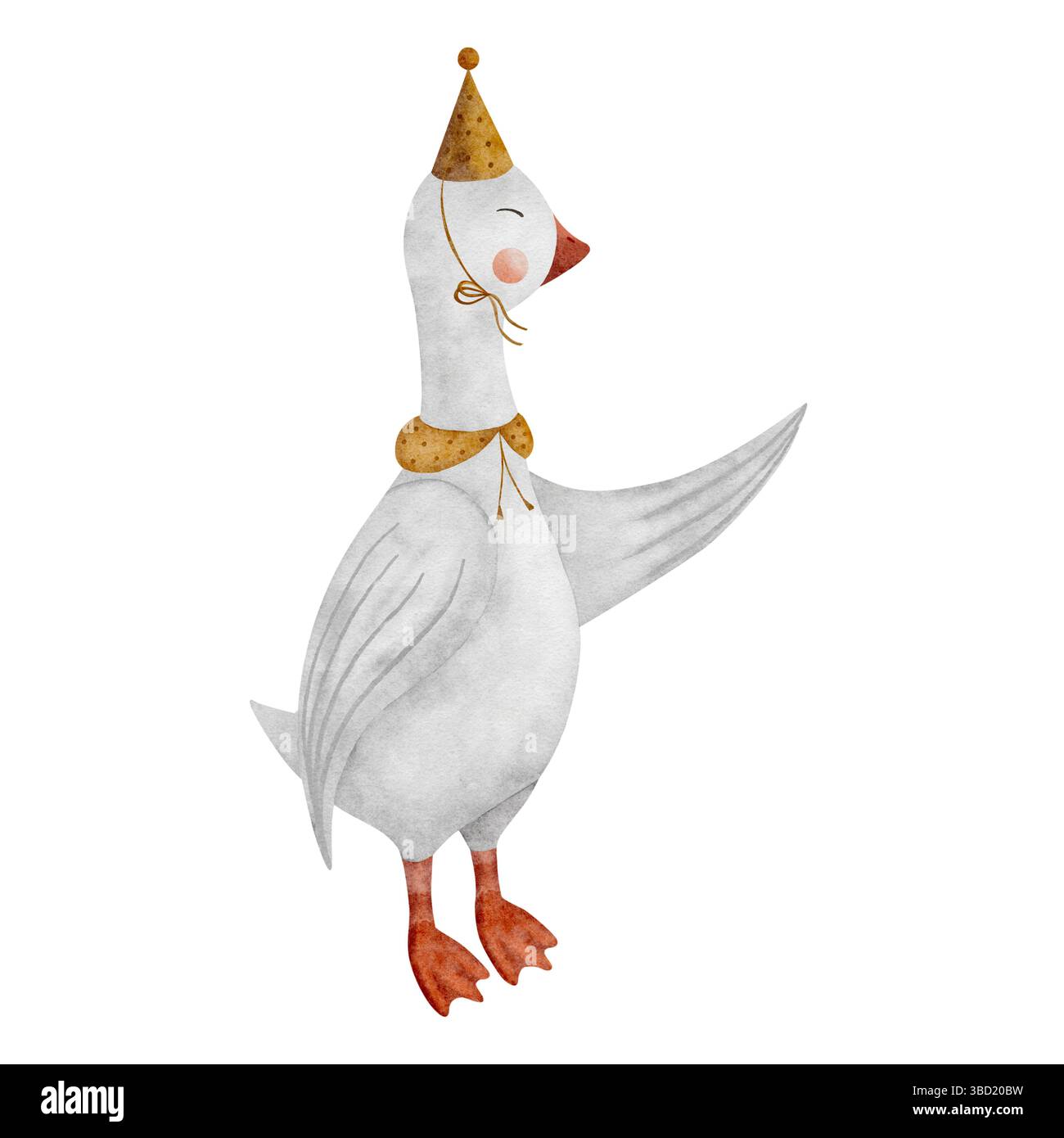 Aquarellillustration der grauen Gans in einer Partymütze Hand gezeichnet auf einem Hintergrund im Retro-Stil für Design von Einladungskarten, Plakaten Stockfoto