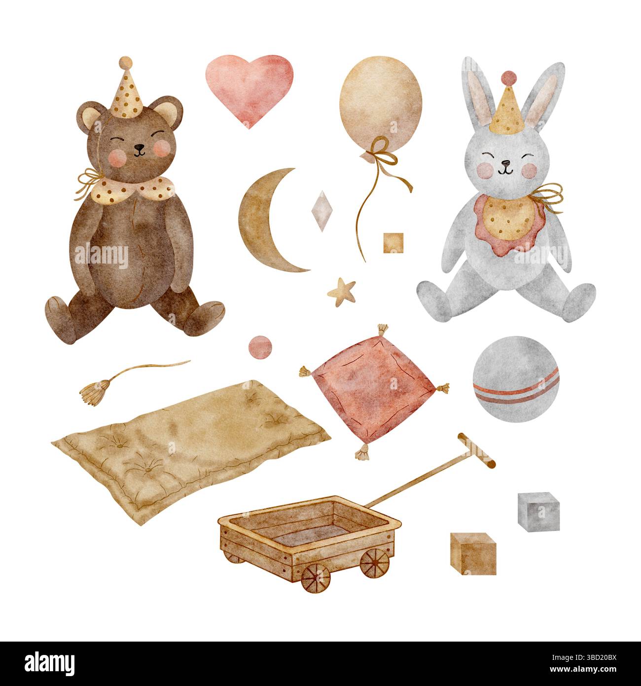 Aquarellillustration Retro-Babyspielzeuge, Bär, Kaninchen, Wagen, Matratze, Kissen, Würfel, Kugelhandzeichnung isoliert auf weißem Hintergrund für Kinder Stockfoto
