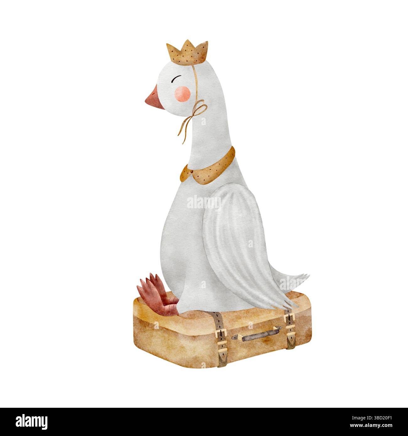 Aquarellmädchen Gans sitzt auf einem Vintage-Koffer in einem Partyhut. Illustration Hand auf Hintergrund im Kinderstil für Design gezeichnet Stockfoto