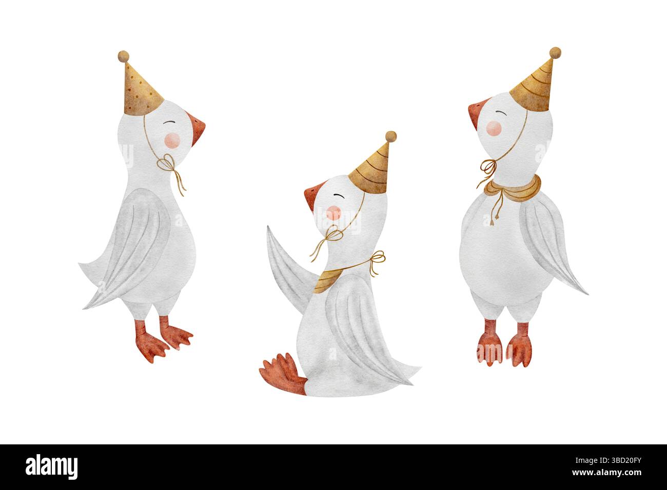Wasserfarben-Babygänse, Gänse in Partymütze, verschiedene Posen. Handgezeichnete Illustration isoliert auf Hintergrund im Kinderstil für Design Stockfoto