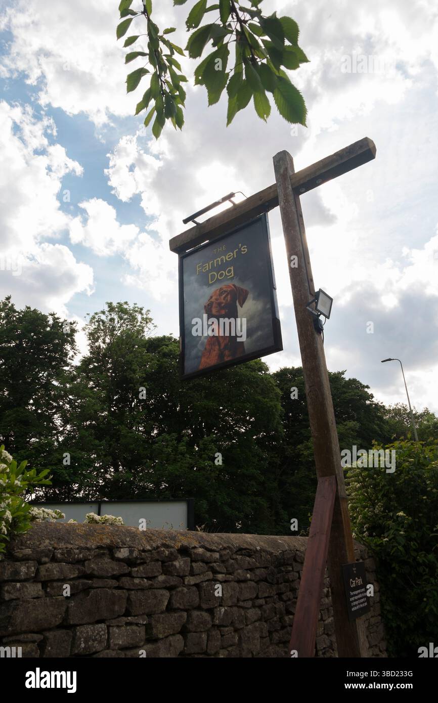 Gemälde eines Fuchsrotes labrador auf dem Pub-Schild von Jeremy Clarkson's Pub, The Farmer's Dog, in den Cotswolds, Großbritannien. Stockfoto