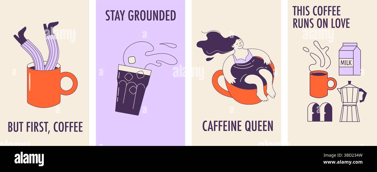 Handgezeichnete Plakate mit Kaffeezitieren mit niedlichen Zeichentrickfiguren Stock Vektor