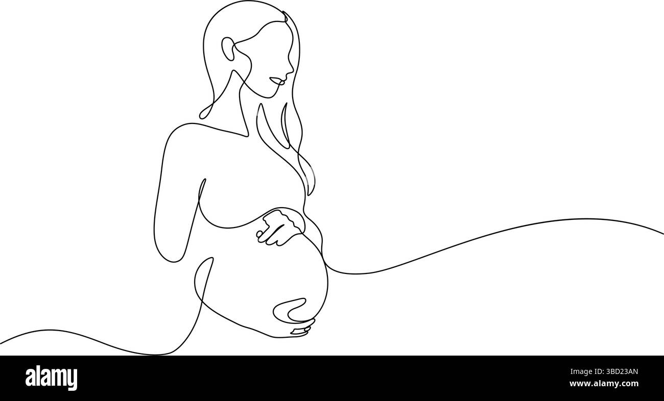 Linearkunst der Schwangeren kontinuierlich. Mutter berührende Bauch Hand gezeichnete dekorative Minimalismus Vektor-Illustration Stock Vektor