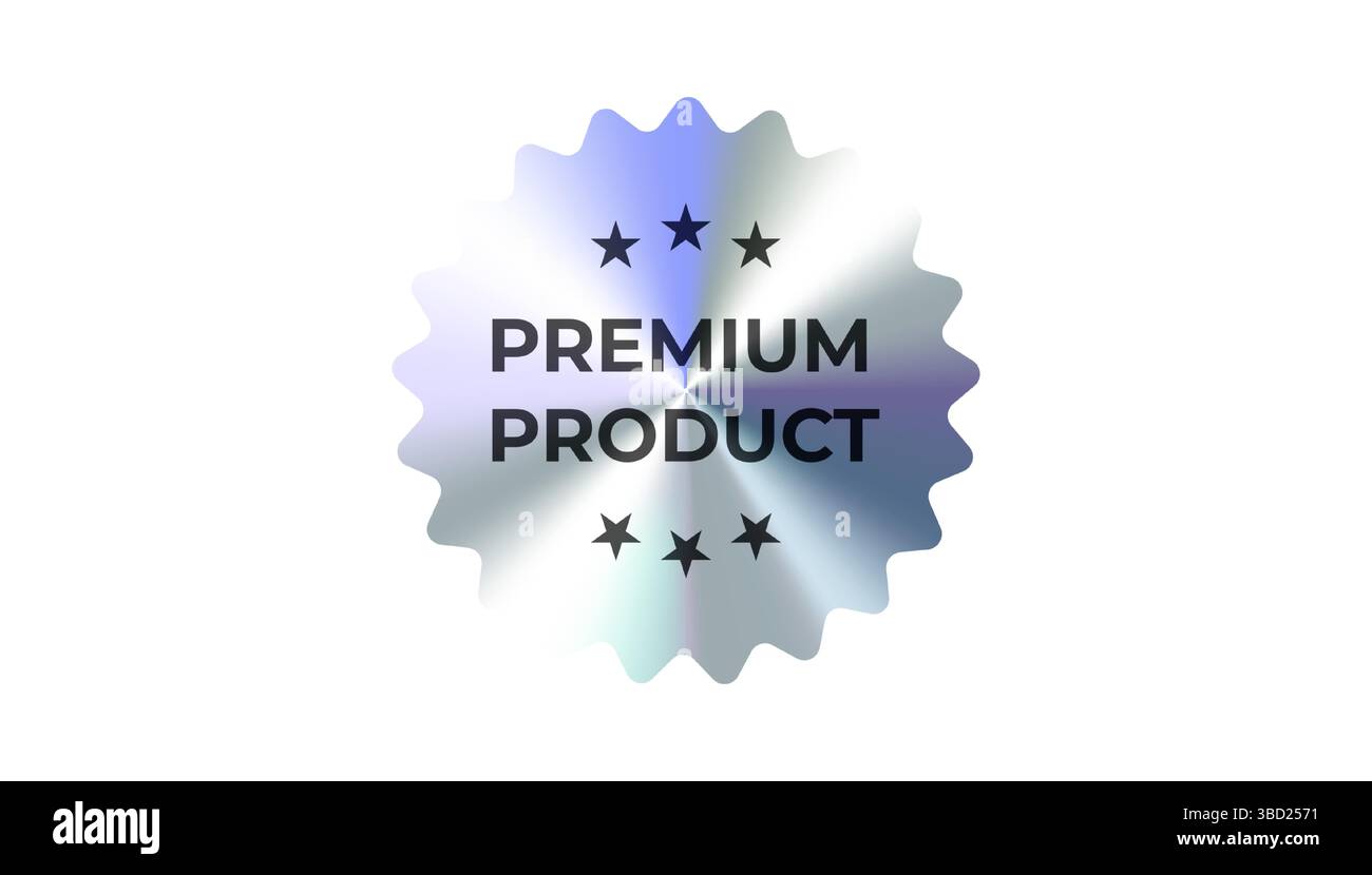 Premium-Produktkennzeichen in glänzend verchromtem Silber mit Sternverzierung. Ideal für exklusives Branding, E-Commerce-Angebote und Qualitätsgarantie Stock Vektor