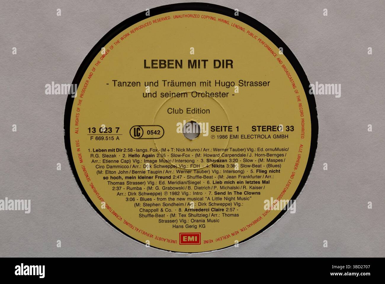 Vintage-Plattenlabel Hugo Strasser und sein Orchester EMI Records von 1974 Stockfoto