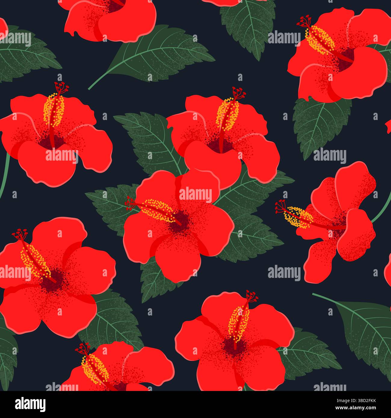 Nahtloses Muster der Blüten-Hibiskus-Blüten. Heller tropischer Hintergrund. Handgezeichnete Vektor-Illustration Stock Vektor