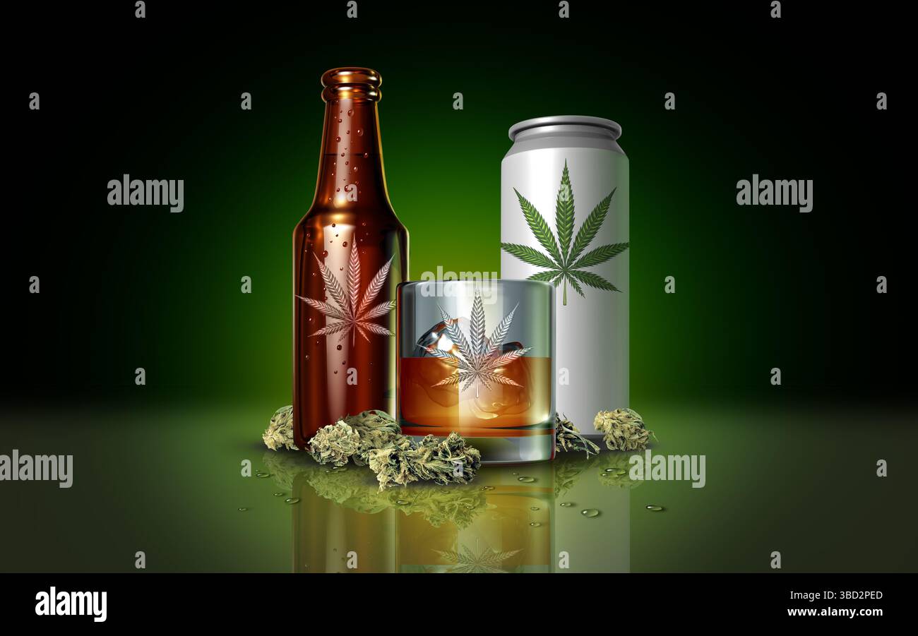 Mit Marihuana infundiertes Getränk oder THC in Drinksas ein Cannabisgetränk, das als psychoaktive für euphorische Wirkung als neuer alternativer Getränkeindustrie mit sich bringt Stockfoto