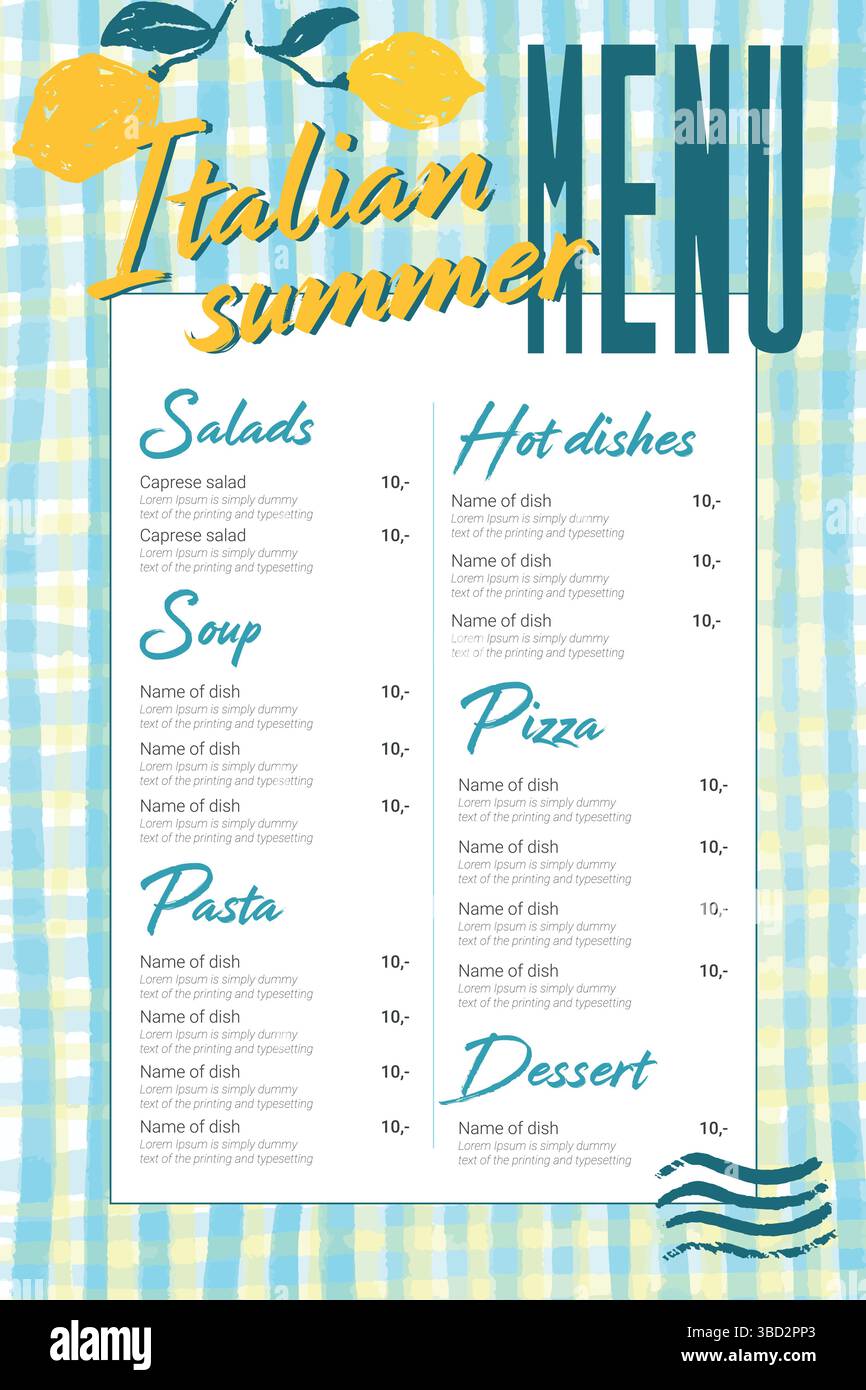 Gelber blauer Gingham Check-Hintergrund für italienisches Menü. Vorlage für Sommerdesign mit Zitronen und Copyspace. Cafe, Restaurant. Grobe Skizze Stock Vektor