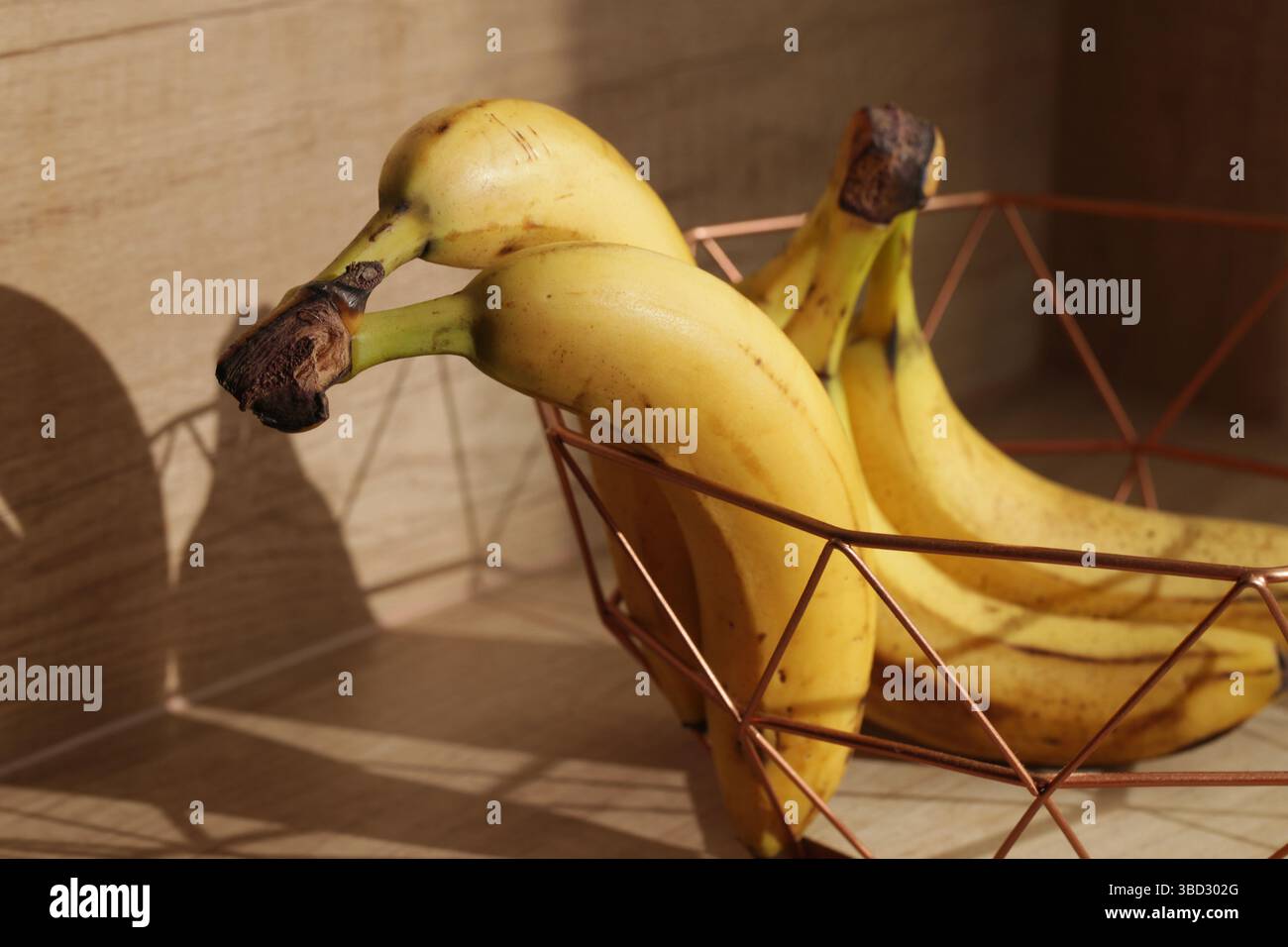 Reife Bananen im Korb. Frische tropische Früchte auf hölzernem Küchentisch. Gesunde Snackidee. Natürliche Energiequelle. Gelbe Schale mit braunen Flecken. Stockfoto