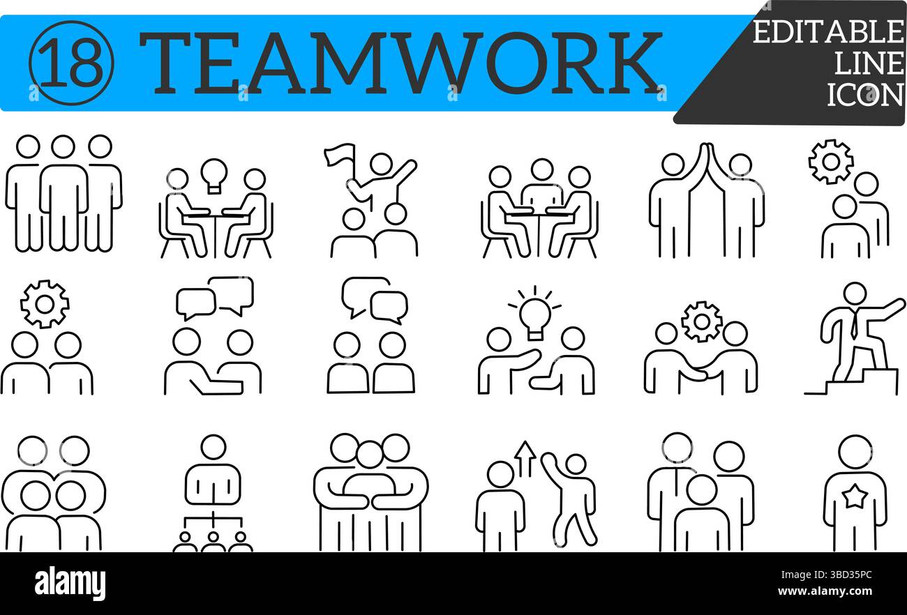 Professional Team Interaction Line Icons Pack – Eine Sammlung minimaler Vektorsymbole, die die emotionale Bindung, Kommunikation, Unterstützung und Produktivität des Teams in Unternehmensteams und Projekten veranschaulichen. Stock Vektor