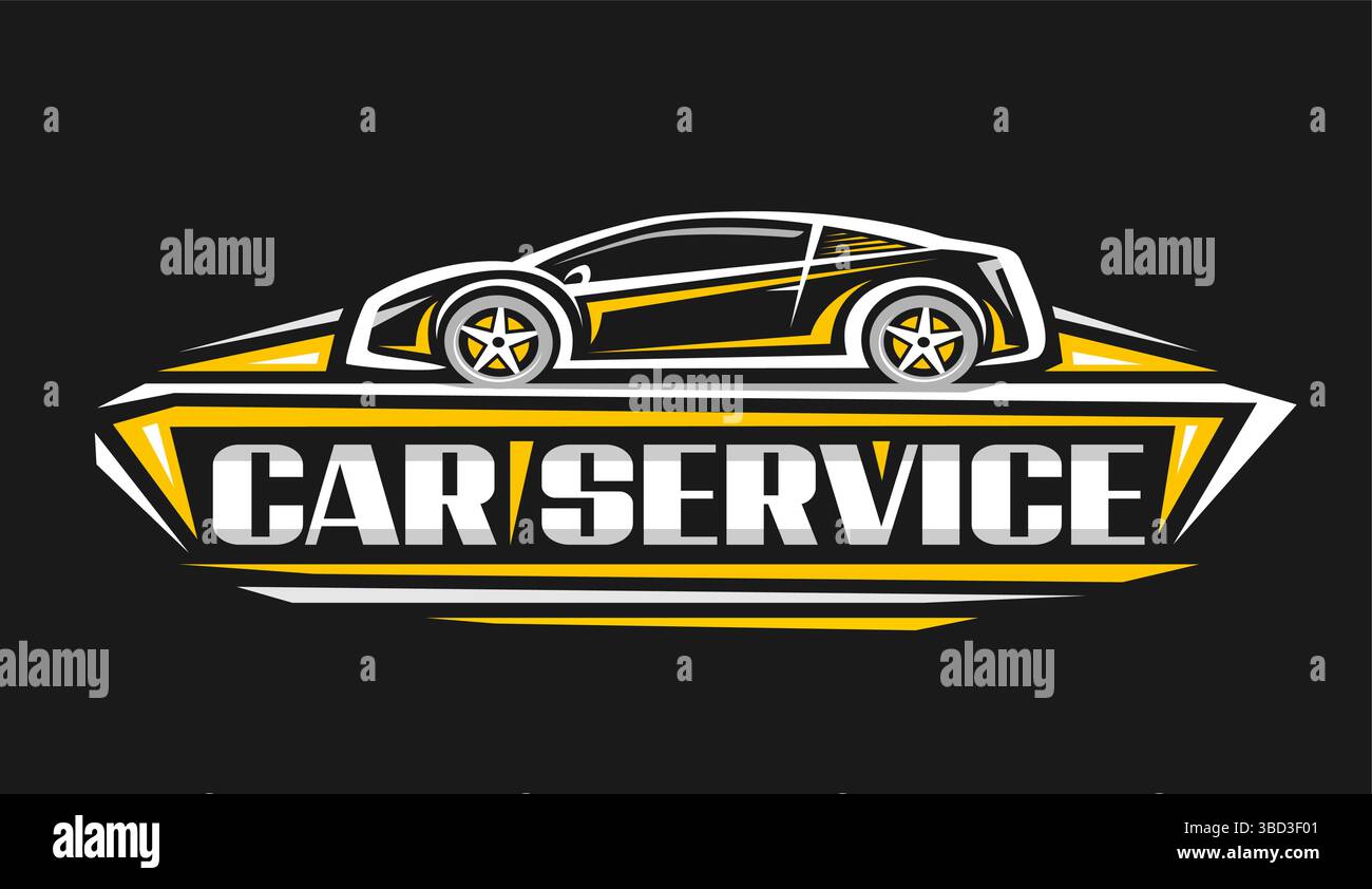 Vektor-Logo für Car Service, dekoratives Abzeichen mit handgezeichnetem Clip Art von Luxus Concept Car, horizontales Schild mit orangefarbenem Seitenansicht Sportwagen und Stock Vektor