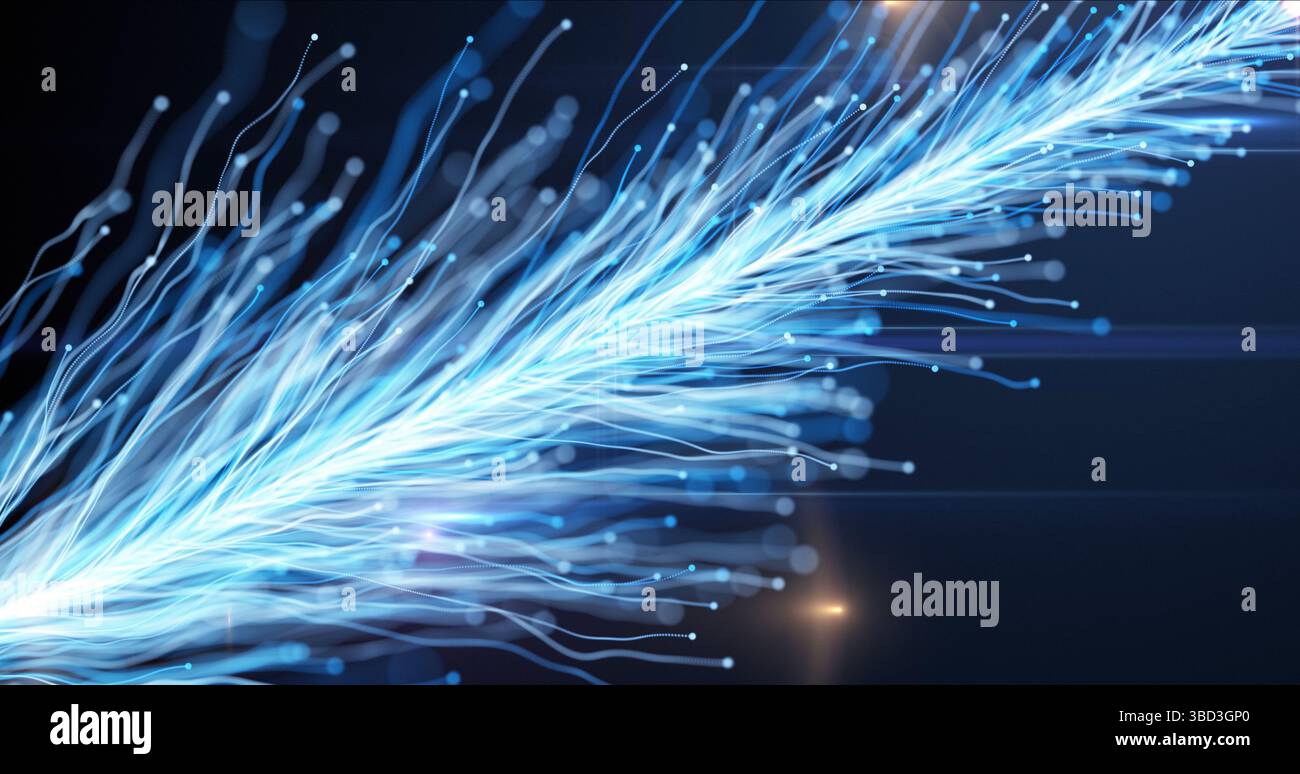 Abstrakter heller Blütenzweig, der mit Partikeln auf blauem Hintergrund wächst. Ich habe dieses Foto mit dem 3D-Programm unter Verwendung der 3D-Animationsfunktionen erstellt. Stockfoto