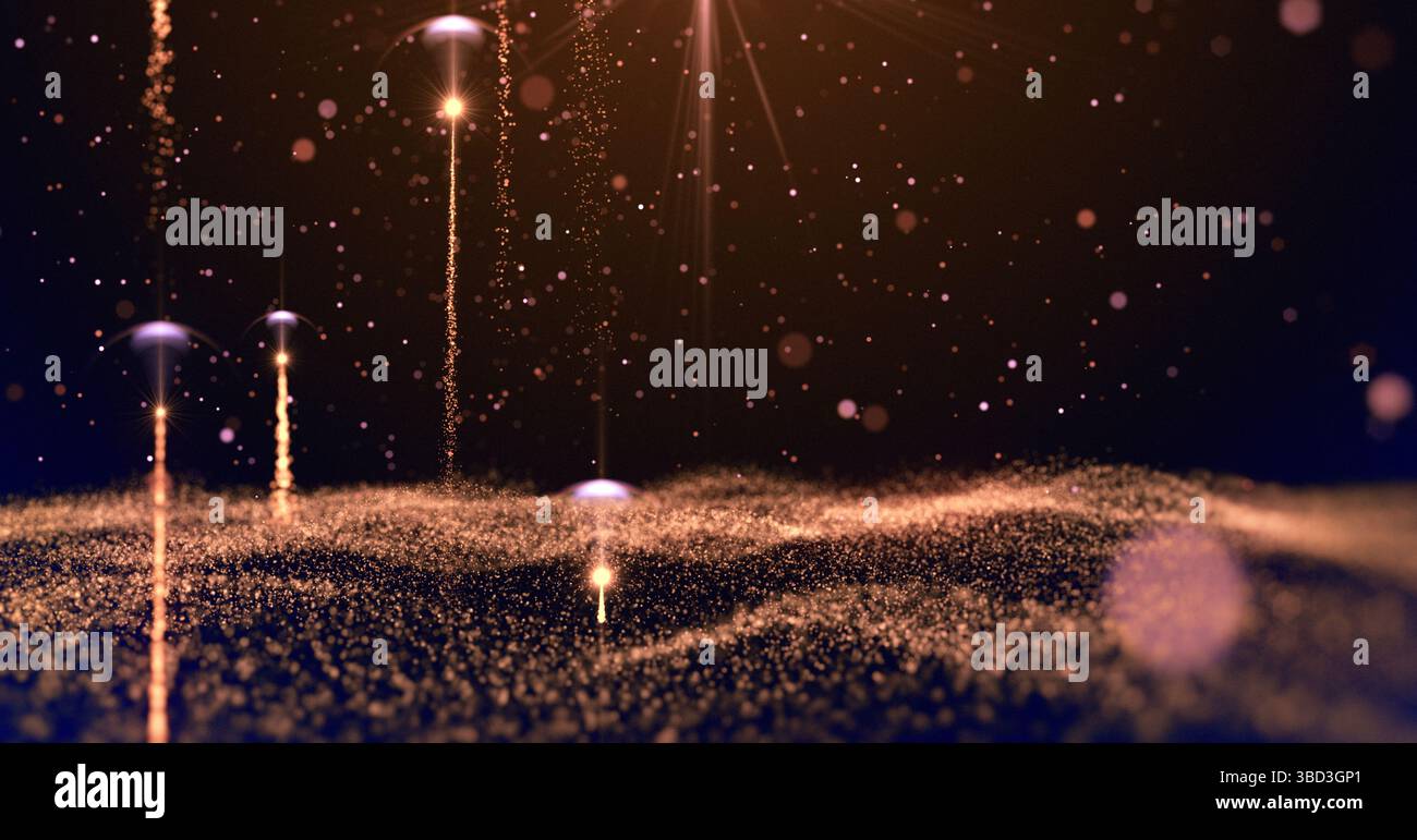 Magische Partikel, die aus Lichtwellen auf goldenem Hintergrund aufsteigen, werden für Natur- oder inspirierende Videoprojekte, Präsentationen, Werbespots, Social Medicings verwendet Stockfoto