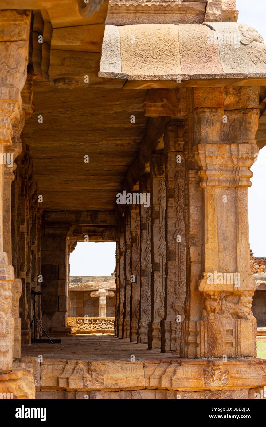 Wunderschön geschnitzte Säulen des Vijayanagara Style Shri Madhavaraya Swamy Temple, Gandikota Fort, Andhra Pradesh, Indien. Stockfoto
