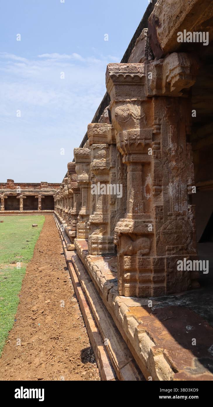 Wunderschön geschnitzte Säulen des Vijayanagara Style Shri Madhavaraya Swamy Temple, Gandikota Fort, Andhra Pradesh, Indien. Stockfoto