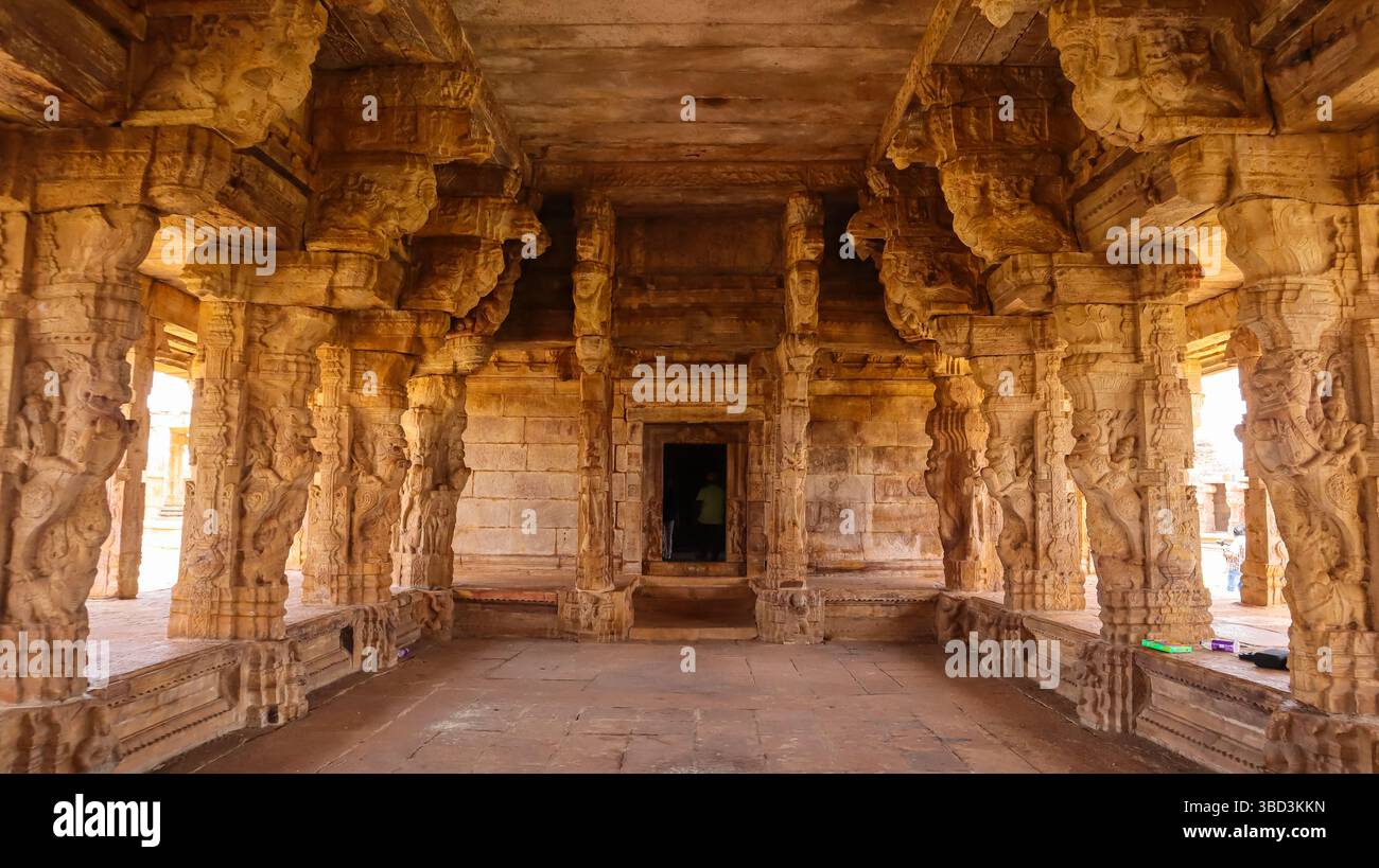 Wunderschön geschnitzte Säulen des Vijayanagara Style Shri Madhavaraya Swamy Temple, Gandikota Fort, Andhra Pradesh, Indien. Stockfoto