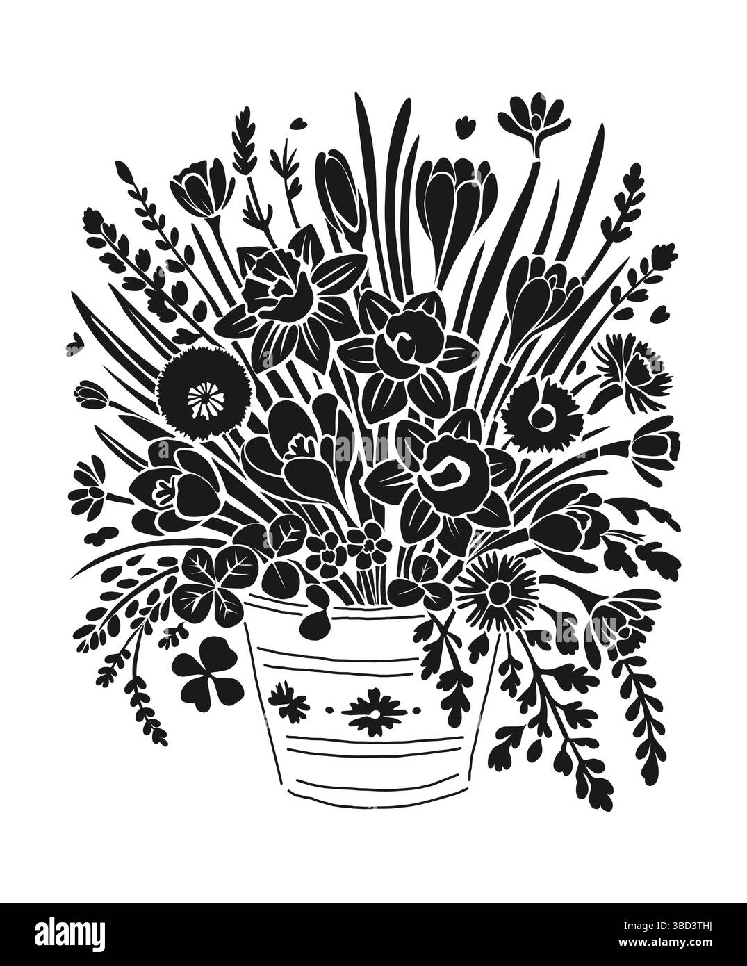Schwarzer Blumenstrauß in einem rustikalen Eimer Stock Vektor