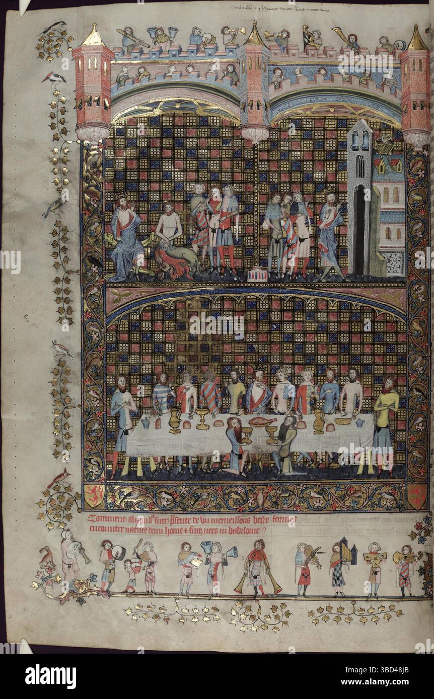 Beleuchtetes Manuskript mit Szenen aus der Alexanderromane, das verschiedene Episoden aus dem Leben und den Abenteuern Alexanders des Großen zeigt. Stockfoto