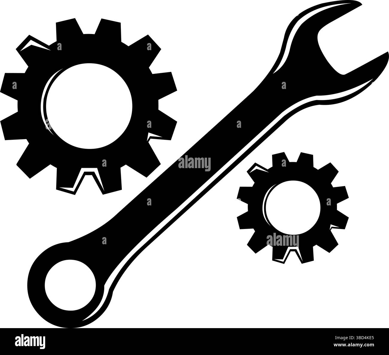 Vektorabbildung Schwarz-weiß-Symbol Mutternschlüssel und Zahnräder im Maschinenbau oder Reparaturkonzept Stock Vektor