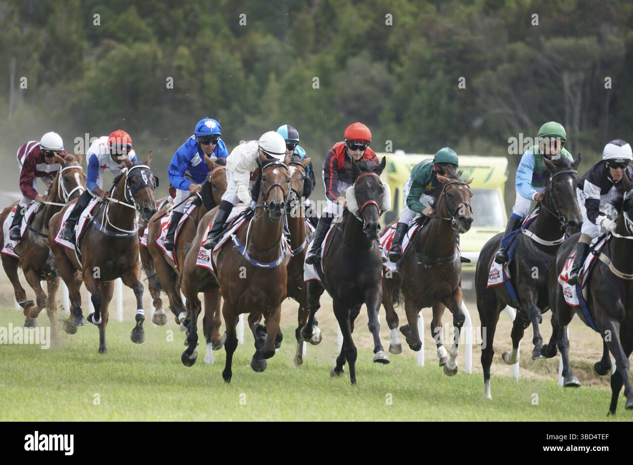 KUMARA, NEUSEELAND, 8. JANUAR 2022: Jockeys fahren hart bis zur Ziellinie bei einem Rennen beim Gold Nuggets Competition beim Kumara Race T Stockfoto