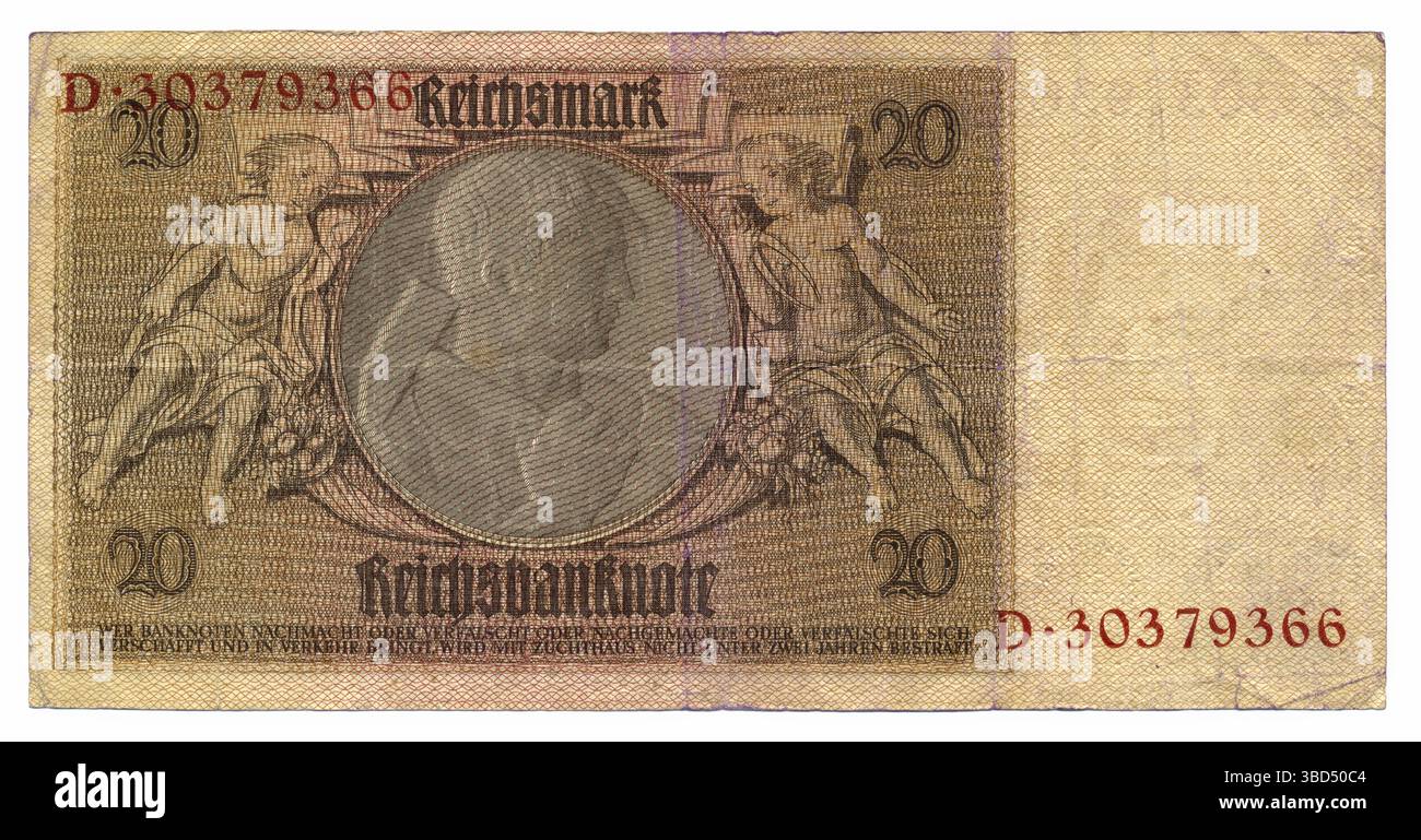 Rückseite der Banknote, Reichsbank, Wert 20 Reichmark, 1929, Deutschland, Europa Stockfoto