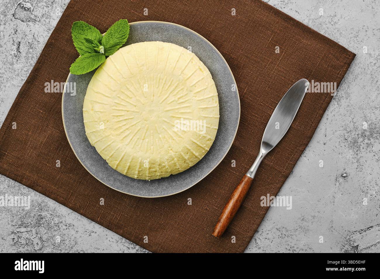Blick von oben auf den Adyghe-Käse auf dem Teller Stockfoto
