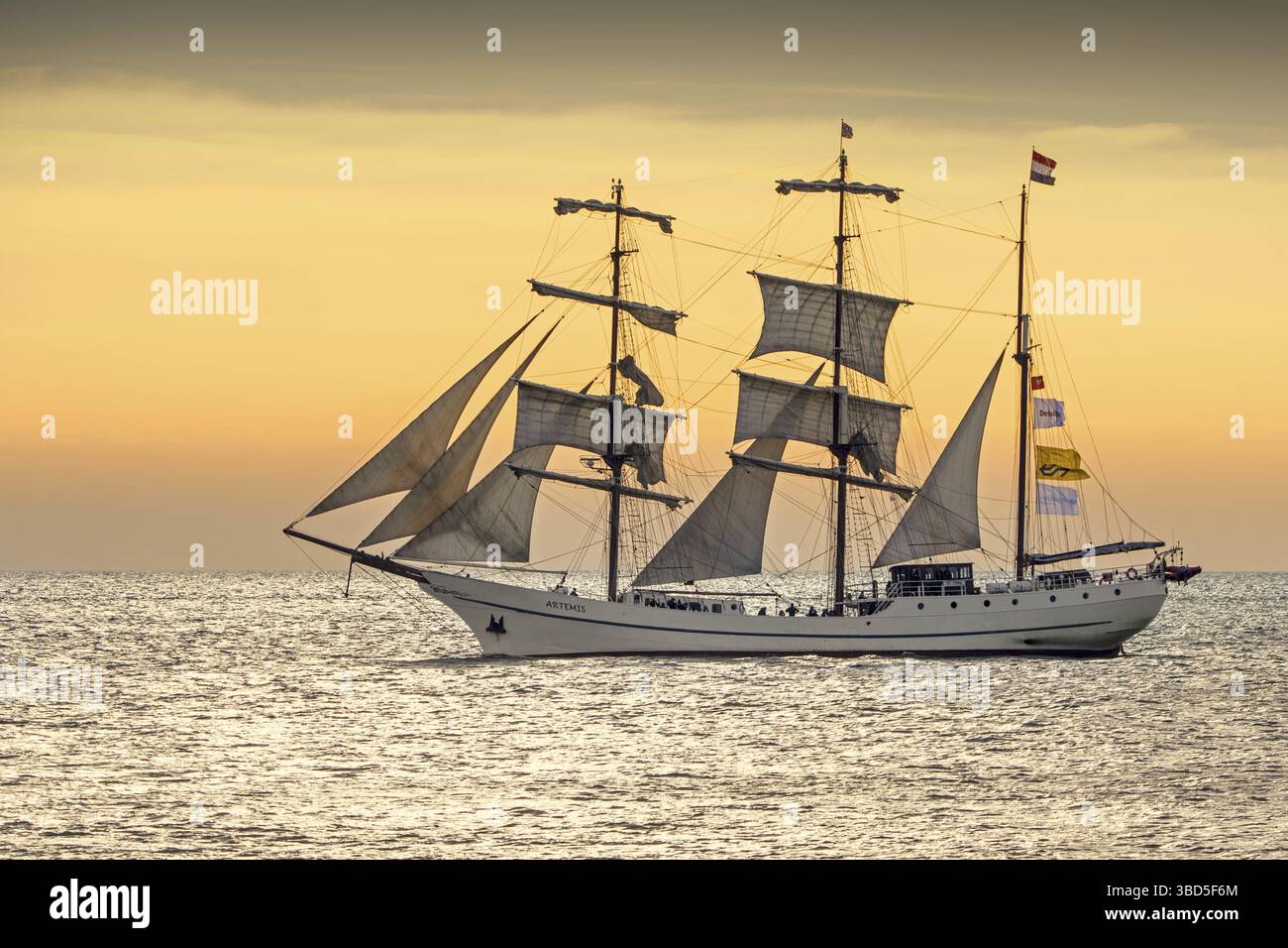 Holländisches Segelschiff Artemis, dreimastige Barke, gebaut 1926 als walfänger, der bei Sonnenuntergang segelt Stockfoto