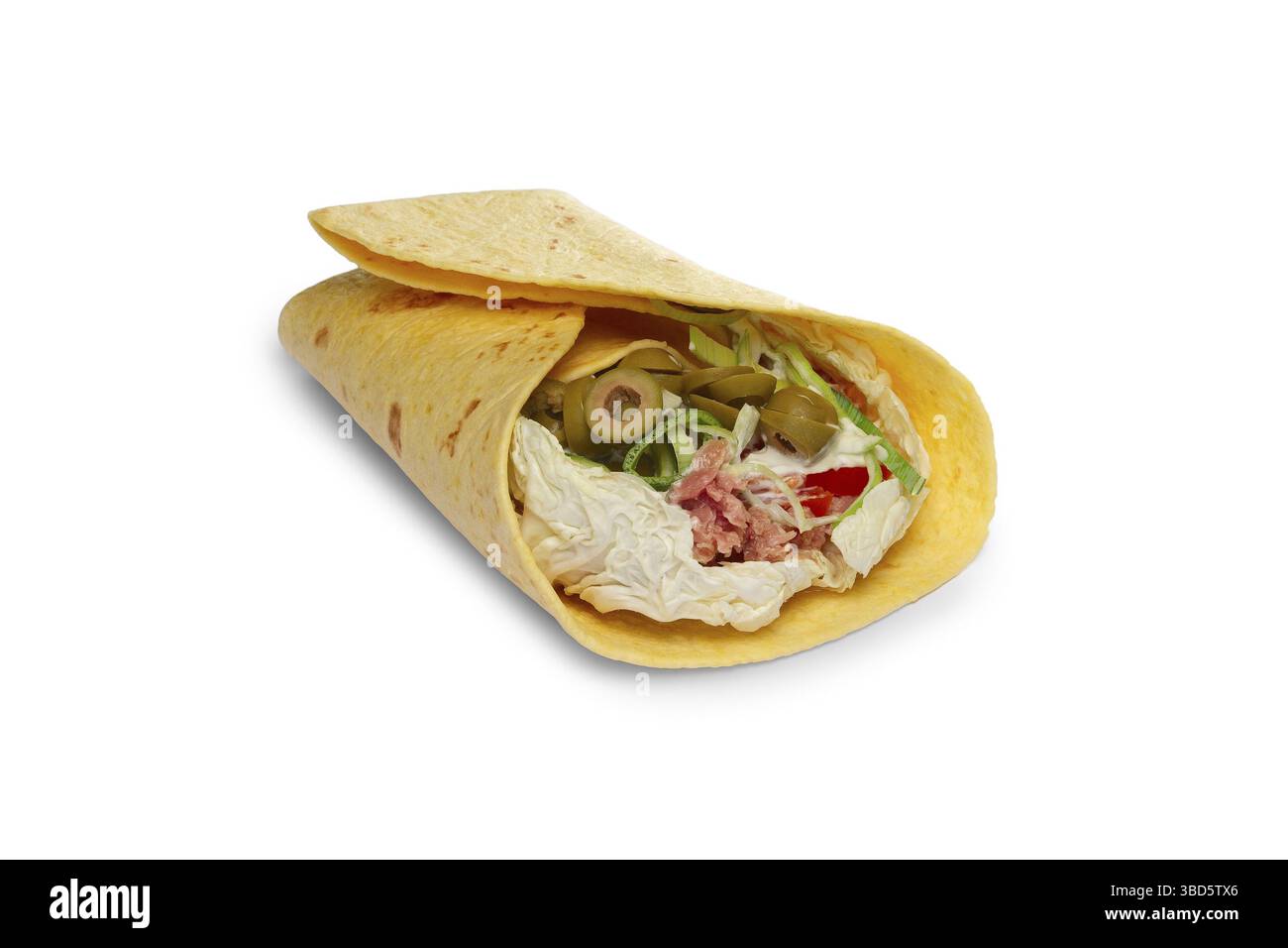 Layout für Menüs. Fladenbrot gefüllt mit Rindfleisch, Kohl, Schalotten, Tomate, Paprika, Oliven mit Sauce Stockfoto