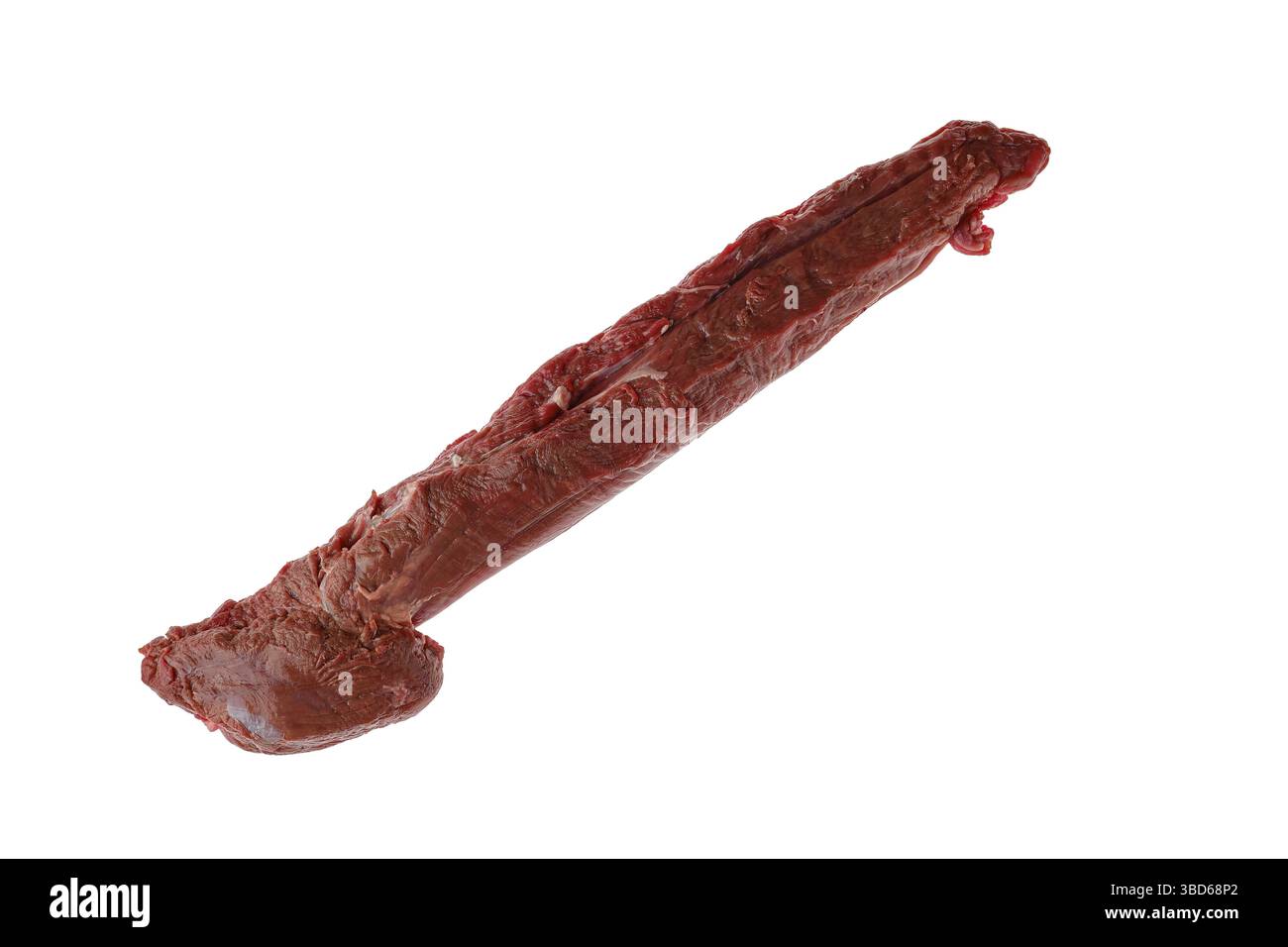 Blick von oben auf rohe frische obere Runde Rindfleisch Streifen isoliert Auf weißem Hintergrund Stockfoto