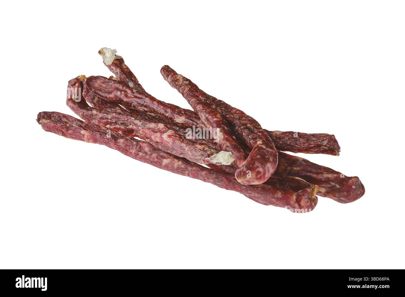 Luftgetrocknete Hirsche und Schweinewurst isoliert auf weißem Hintergrund Stockfoto